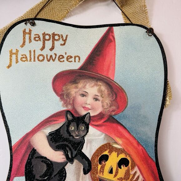 Designs By Kathy Halloween 1920s Style Witch Sign Decor Black Cat Glitter 11X17" - Picture 2 of 9
